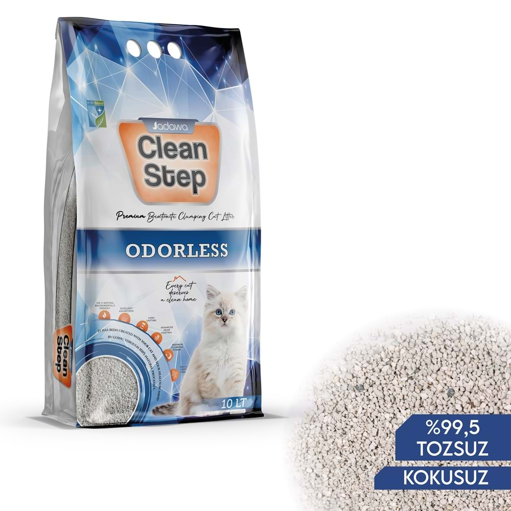 JADAWA Clean Step Kokusuz (Parfümsüz) Topaklanan İnce Tane Bentonit Kedi Kumu 10 LT