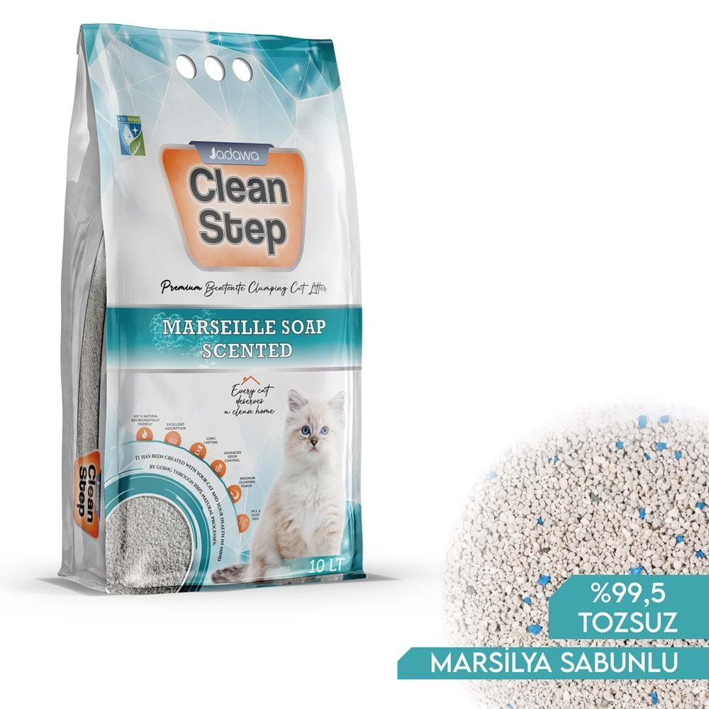 JADAWA Clean Step Marsilya Sabun Kokulu Topaklanan İnce Tane Bentonit Kedi Kumu 10 LT